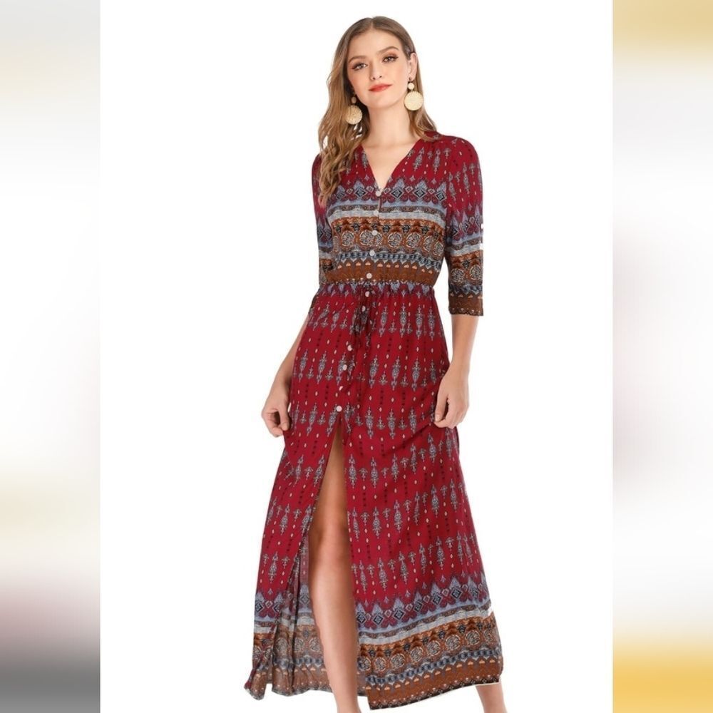 Bohemian Button Front Red Print Maxi Dress